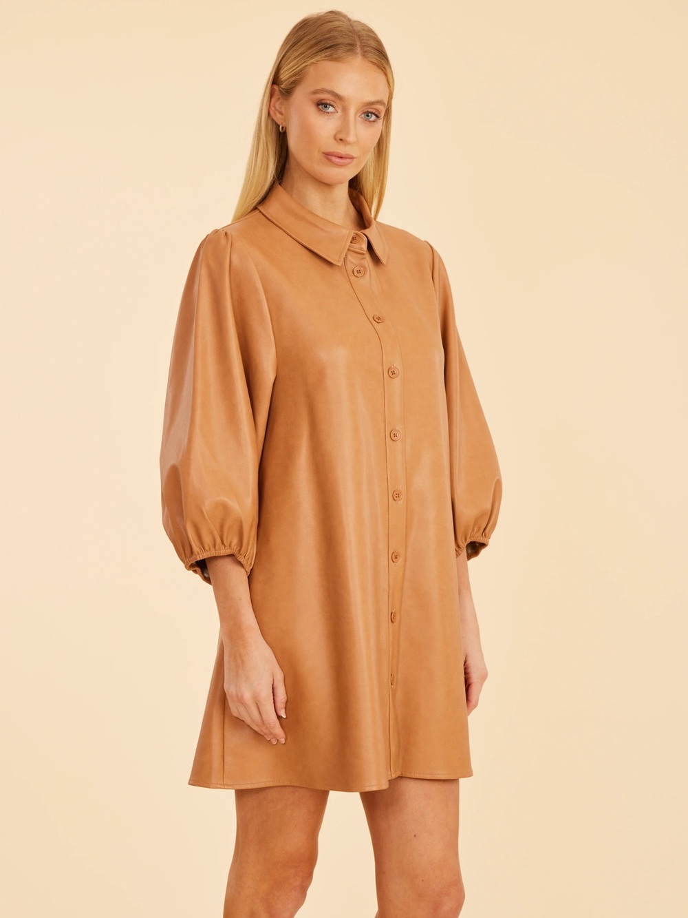 Dolce Cabo Camel Vegan Leather Button-Front Mini Dress NWT